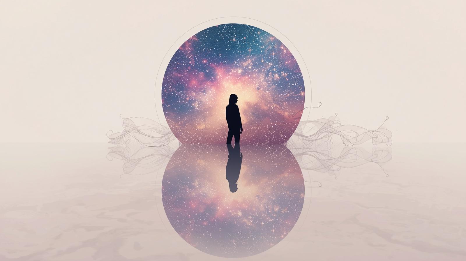 Person looking into ball containing universe with a mirror effect